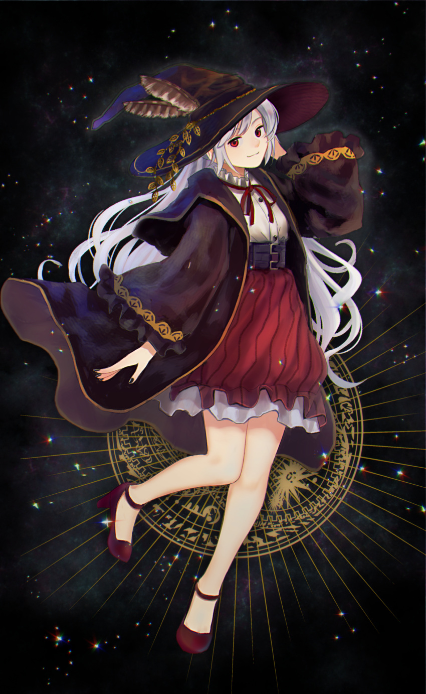 1girl arm_at_side bangs bare_legs black_hat black_jacket black_nails buckle buttons closed_mouth feathers frilled_sleeves frills full_body hand_in_hair hand_up hat hat_feather high-waist_skirt highres jacket leg_up long_hair long_sleeves nail_polish nashigaya_koyomi neck_ribbon no_socks open_clothes open_jacket original red_eyes red_ribbon red_skirt ribbon shirt simple_background skirt smile solo sparkle standing standing_on_one_leg strappy_heels striped swept_bangs vertical-striped_skirt vertical_stripes very_long_hair white_shirt wide_sleeves witch