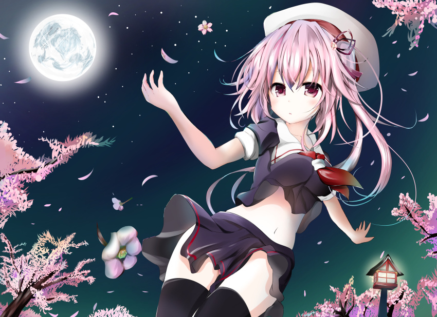 1girl black_legwear blush breasts collarbone eyebrows_visible_through_hair harusame_(kantai_collection) highres kantai_collection kuromiko_shoujo large_breasts long_hair looking_at_viewer navel neckerchief night night_sky parted_lips pink_eyes pink_hair red_neckwear side_ponytail skirt sky solo star_(sky) starry_sky thigh-highs torn_clothes torn_skirt
