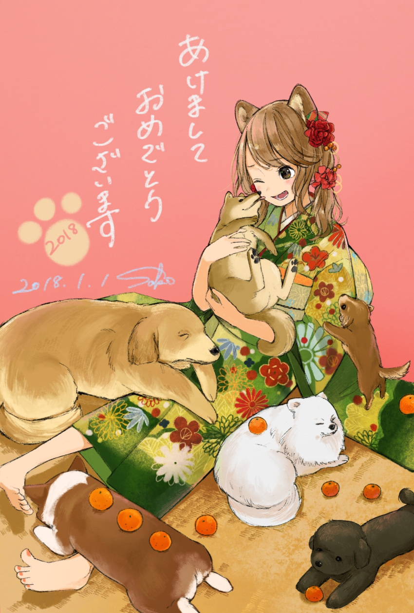 1girl 2018 :d animal animal_ears bangs barefoot blush brown_eyes brown_hair commentary_request dated dog dog_ears eyebrows_visible_through_hair floral_print flower food fruit green_kimono hair_flower hair_ornament happy_new_year highres holding holding_animal japanese_clothes kimono long_hair long_sleeves mandarin_orange new_year obi one_eye_closed open_mouth original paw_print pink_background puppy red_flower red_rose rose sako_(user_ndpz5754) sash signature sitting smile translated wide_sleeves year_of_the_dog