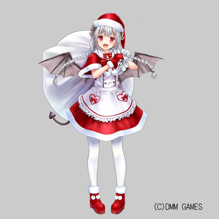 1girl :d absurdres apron bangs black_wings blush boots braid capelet center_frills character_request collared_shirt commentary_request demon_horns demon_tail demon_wings eyebrows_visible_through_hair frilled_apron frills full_body fur-trimmed_boots fur-trimmed_capelet fur-trimmed_mittens fur_trim grey_background hat highres holding holding_sack horns long_hair looking_at_viewer low_twintails mittens official_art okiru open_mouth pantyhose pocket pom_pom_(clothes) rebless red_capelet red_eyes red_footwear red_mittens red_skirt sack santa_boots santa_costume santa_hat shirt silver_hair simple_background skirt smile solo standing tail twin_braids twintails very_long_hair waist_apron white_apron white_legwear white_shirt wings