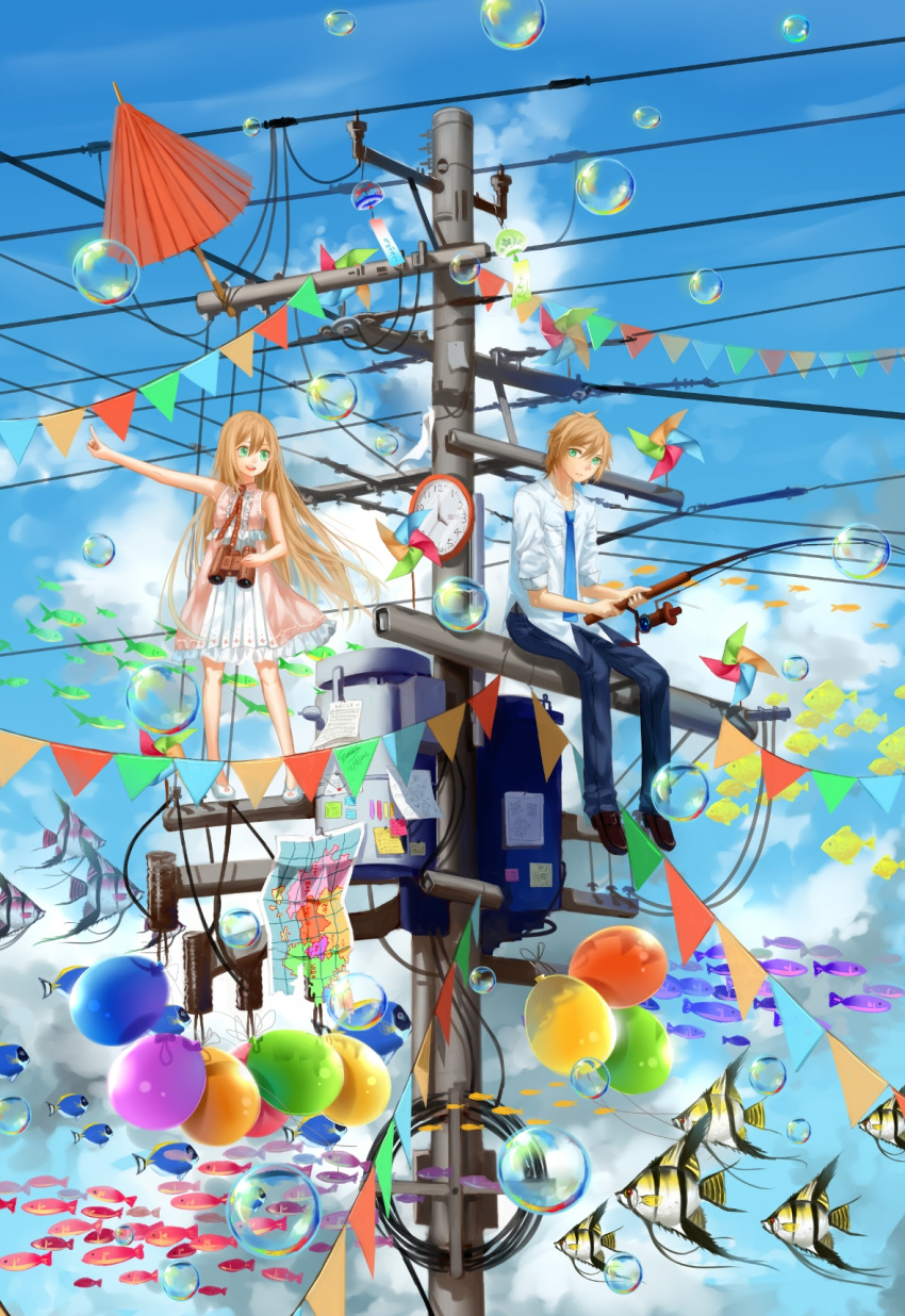 1boy 1girl balloon binoculars blue_neckwear blush brown_hair bubble clock closed_mouth clouds cloudy_sky day eyebrows_visible_through_hair fish fishing fishing_rod green_eyes highres holding holding_binoculars holding_fishing_rod long_hair looking_at_another map necktie open_mouth oriental_umbrella original outdoors pinwheel power_lines short_hair sitting sky smile umbrella ze_xia