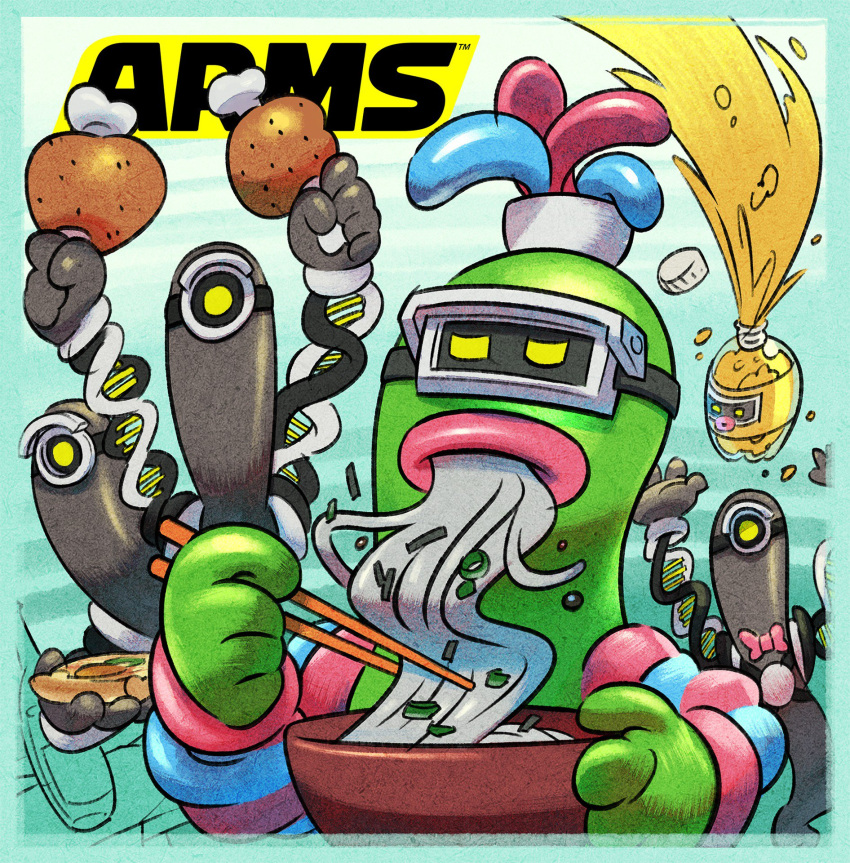 aqua_background arms_(game) boned_meat bow bowtie commentary_request dna_man_(arms) eating food goggles goo_guy highres ishikawa_masaaki logo meat monster_boy noodles official_art simple_background soda_bottle the_cell