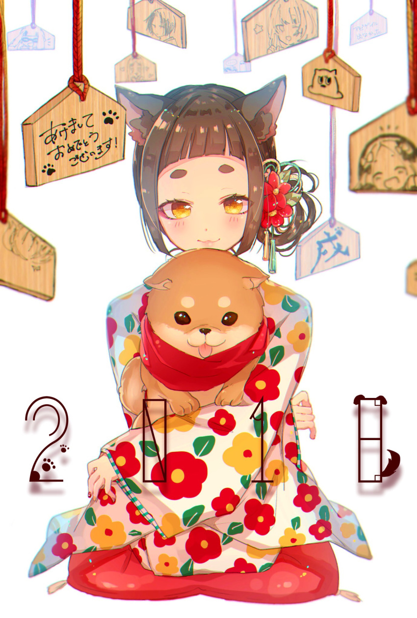 1girl 2018 :3 animal animal_ears animal_hug bangs blush brown_hair commentary_request dog dog_ears ema fingernails floral_print flower hair_flower hair_ornament highres japanese_clothes kimono long_sleeves looking_at_viewer multicolored multicolored_nail_polish nail_polish original print_kimono red_flower red_nails seiza simple_background sitting smile sofra solo thick_eyebrows white_background white_kimono wide_sleeves yellow_eyes yellow_nails zabuton