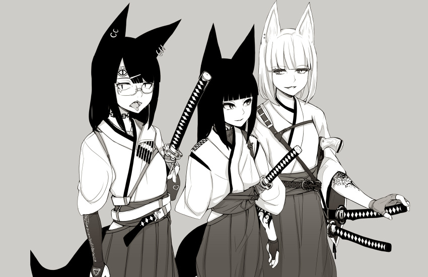 3girls abubu animal_ears bangs blunt_bangs bridal_gauntlets closed_mouth ear_piercing elbow_gloves eyebrows_visible_through_hair eyelid_piercing fingerless_gloves fox_ears fox_girl fox_tail gloves grey_background hair_ornament hairclip hakama highres japanese_clothes katana long_hair looking_at_another looking_at_viewer multiple_girls original parted_lips piercing short_hair simple_background slit_pupils smile standing sword tail tattoo tongue tongue_out tongue_piercing weapon