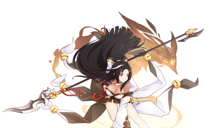 1girl absurdres ara_han asura_(elsword) black_hair bow breasts cleavage closed_mouth cropped_legs detached_sleeves elsword fighting_stance hair_bow heterochromia highres holding holding_spear holding_weapon hwansang large_breasts legs long_hair looking_to_the_side multicolored_hair official_art polearm red_eyes smile solo spear streaked_hair two-tone_hair weapon white_bow white_hair yellow_eyes