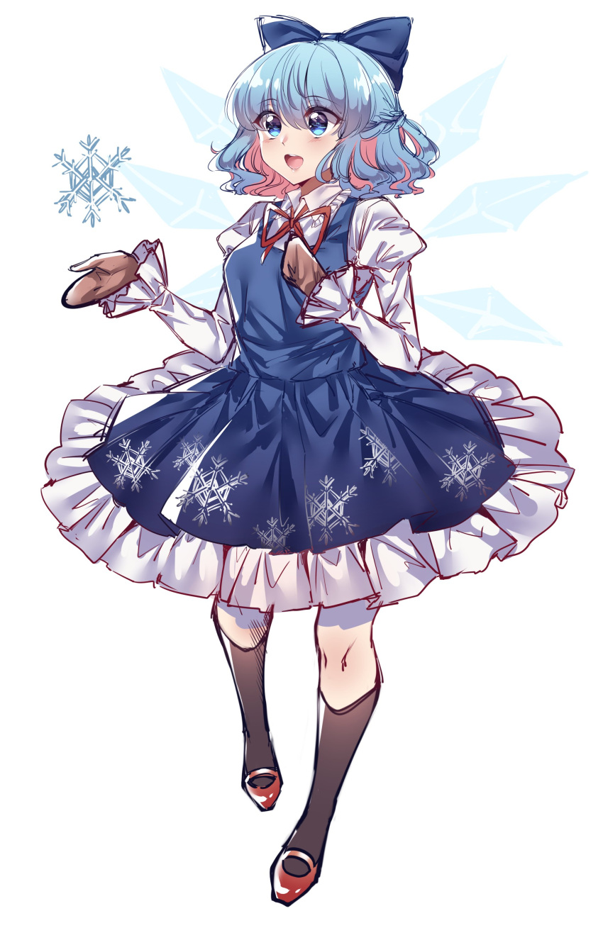 1girl absurdres adapted_costume black_legwear blue_dress blue_eyes blue_hair blush bow cirno dress full_body gem_oblivion hair_bow hand_on_own_chest highres ice ice_wings juliet_sleeves light_blush long_sleeves mittens multicolored_hair neck_ribbon pink_hair puffy_sleeves red_footwear ribbon short_hair simple_background snowflake_print snowflakes socks solo touhou two-tone_hair white_background wings