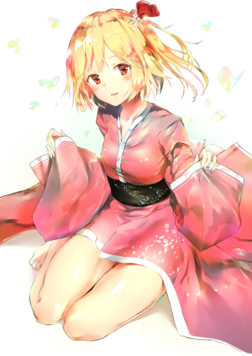 1girl alternate_costume barefoot blonde_hair breasts commentary_request flandre_scarlet hair_ornament heart highres japanese_clothes kimono long_sleeves looking_at_viewer obi parted_lips pink_kimono red_eyes sakusyo sash seiza short_hair short_kimono side_ponytail simple_background sitting small_breasts smile solo touhou white_background wide_sleeves