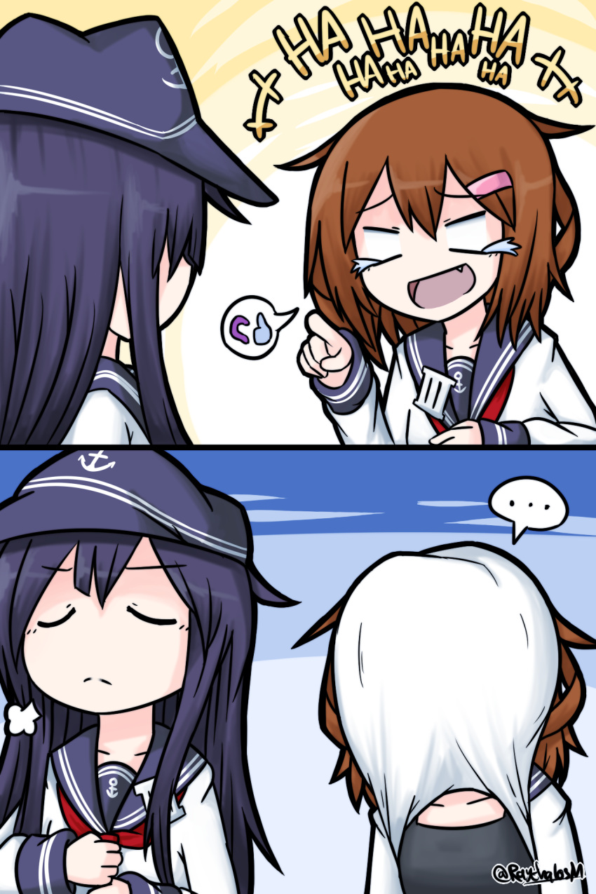 &gt;_&lt; +++ ... 2girls 2koma :d adjusting_clothes adjusting_necktie akatsuki_(kantai_collection) anchor_symbol artist_name bangs brown_hair closed_eyes collarbone comic commentary crying crying_with_eyes_open empty_eyes eyebrows_visible_through_hair fang flat_cap hair_between_eyes hair_ornament hairclip hat highres ikazuchi_(kantai_collection) kantai_collection laughing long_hair long_sleeves multiple_girls neckerchief necktie open_mouth pointing pout purple_hair raythalosm red_neckwear school_uniform serafuku shirt short_hair smile spoken_ellipsis streaming_tears tank_top tears twitter_username white_shirt xd