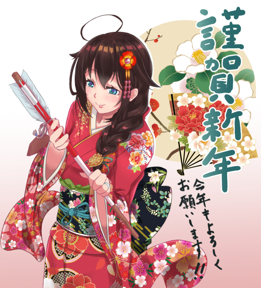 1girl arrow black_hair blue_eyes braid floral_print hair_flaps hair_ornament hair_over_shoulder hamaya happy_new_year highres japanese_clothes jewelry kantai_collection kimono nengajou new_year obi remodel_(kantai_collection) ring sash shigure_(kantai_collection) single_braid smile solo translated warabe_(waraghi) wedding_ring wide_sleeves