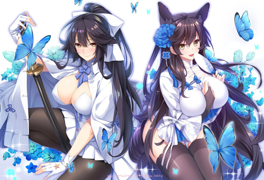 2girls absurdres animal_ears artist_name artist_request atago_(azur_lane) azur_lane bangs black_legwear blush bow bowtie breasts bridal_gauntlets brown_eyes brown_hair butterfly cape chinese_clothes cleavage commentary_request dress eyebrows_visible_through_hair fan fingerless_gloves flower gloves hair_flower hair_ornament hand_on_own_chest highres holding kneeling large_breasts long_hair looking_at_viewer mole mole_under_eye multiple_girls open_mouth pantyhose pleated_skirt short_dress simple_background sitting skirt smile sparkle sword takao_(azur_lane) thigh-highs weapon white_background white_skirt zettai_ryouiki