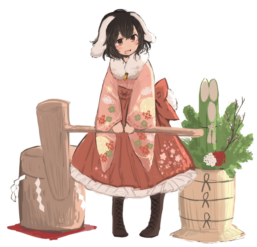 1girl alternate_costume animal_ears bangs black_hair blush boots brown_eyes brown_footwear commentary_request cross-laced_footwear eyebrows_visible_through_hair floppy_ears floral_print full_body fur_collar hakama highres holding inaba_tewi inazakura00 japanese_clothes kadomatsu kimono kine lace-up_boots long_sleeves open_mouth print_kimono rabbit_ears shide short_hair simple_background solo touhou white_background wide_sleeves