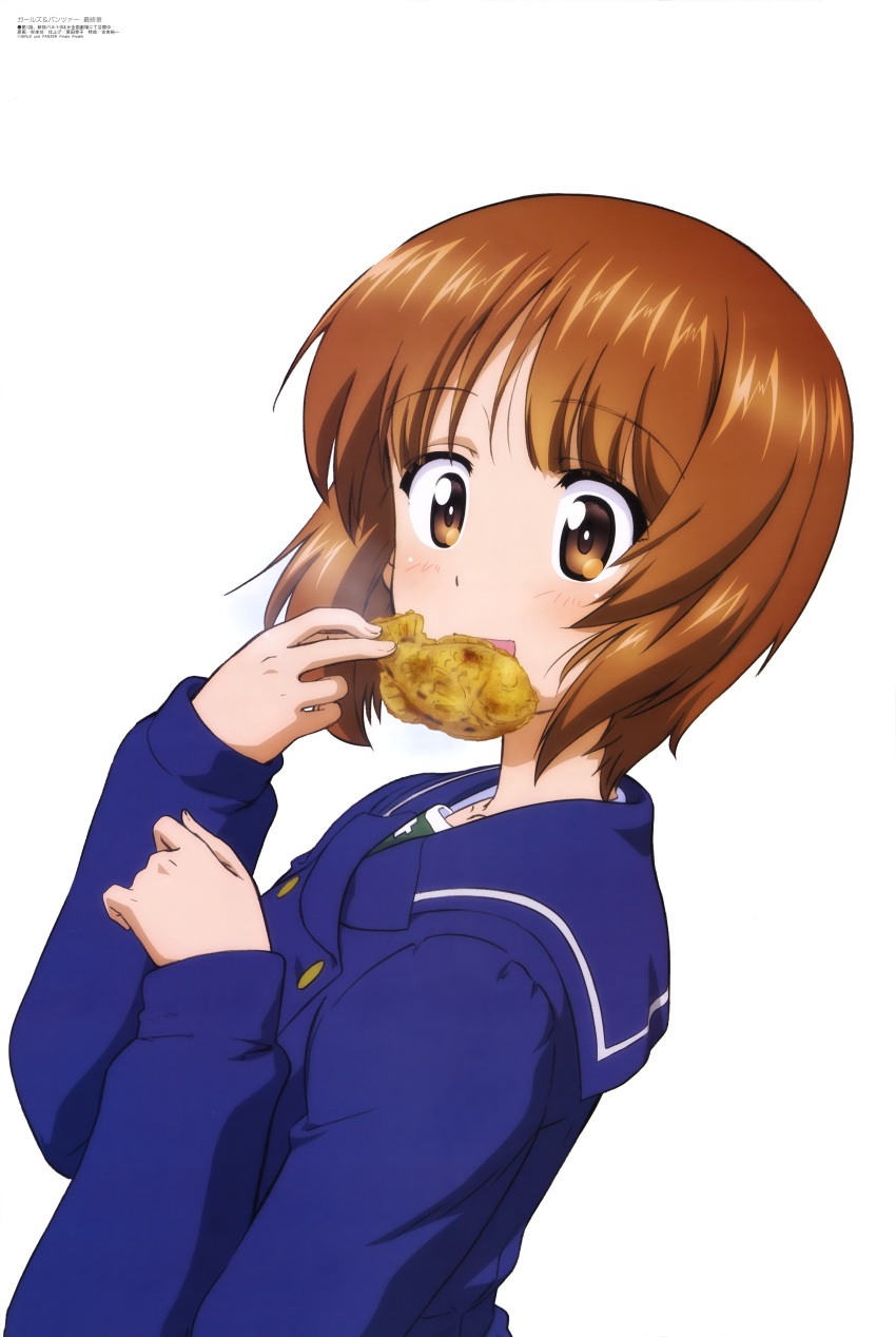 1girl absurdres arm_up brown_eyes brown_hair coat eating food girls_und_panzer highres looking_at_viewer nishizumi_miho official_art ooarai_school_uniform open_mouth school_uniform sugimoto_isao taiyaki wagashi white_background winter_clothes winter_coat