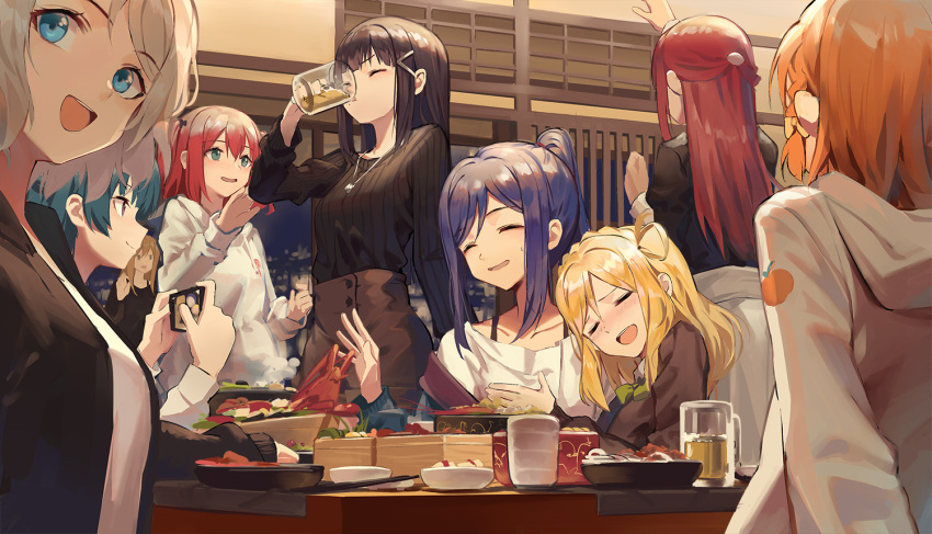 6+girls :d alcohol bangs black_hair black_sweater blonde_hair blue_eyes blue_hair braid brown_skirt cellphone closed_eyes crown_braid drinking grey_hair hair_ornament hair_rings hairclip half_updo huanxiang_heitu hug kurosawa_dia kurosawa_ruby lobster long_hair long_sleeves love_live! love_live!_sunshine!! matsuura_kanan multiple_girls ohara_mari open_mouth orange_hair phone plate ponytail redhead restaurant ribbed_sweater sakurauchi_riko side_braid skirt smartphone smile sweater table takami_chika taking_picture tsushima_yoshiko watanabe_you white_hoodie