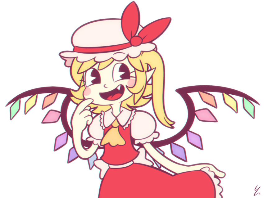 1girl ascot bare_arms black_eyes blonde_hair blush_stickers crystal cuphead_(game) fang finger_to_mouth flandre_scarlet frilled_shirt_collar frilled_sleeves frills hand_up hat hat_ribbon looking_to_the_side medium_hair mob_cap open_mouth pac-man_eyes parody pointy_ears puffy_short_sleeves puffy_sleeves red_ribbon red_skirt red_vest ribbon short_sleeves side_ponytail simple_background skirt skirt_set smile solo style_parody touhou upper_body vest white_background wings yatsunote yellow_neckwear