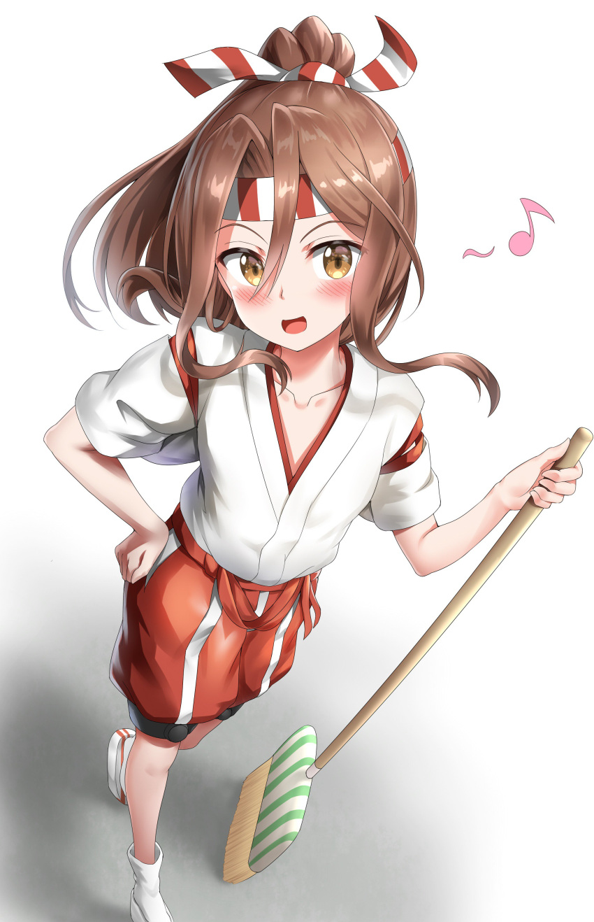 absurdres broom brown_eyes brown_hair hand_on_hip highres kantai_collection long_hair musical_note nedia_(nedia_region) ponytail zuihou_(kantai_collection)