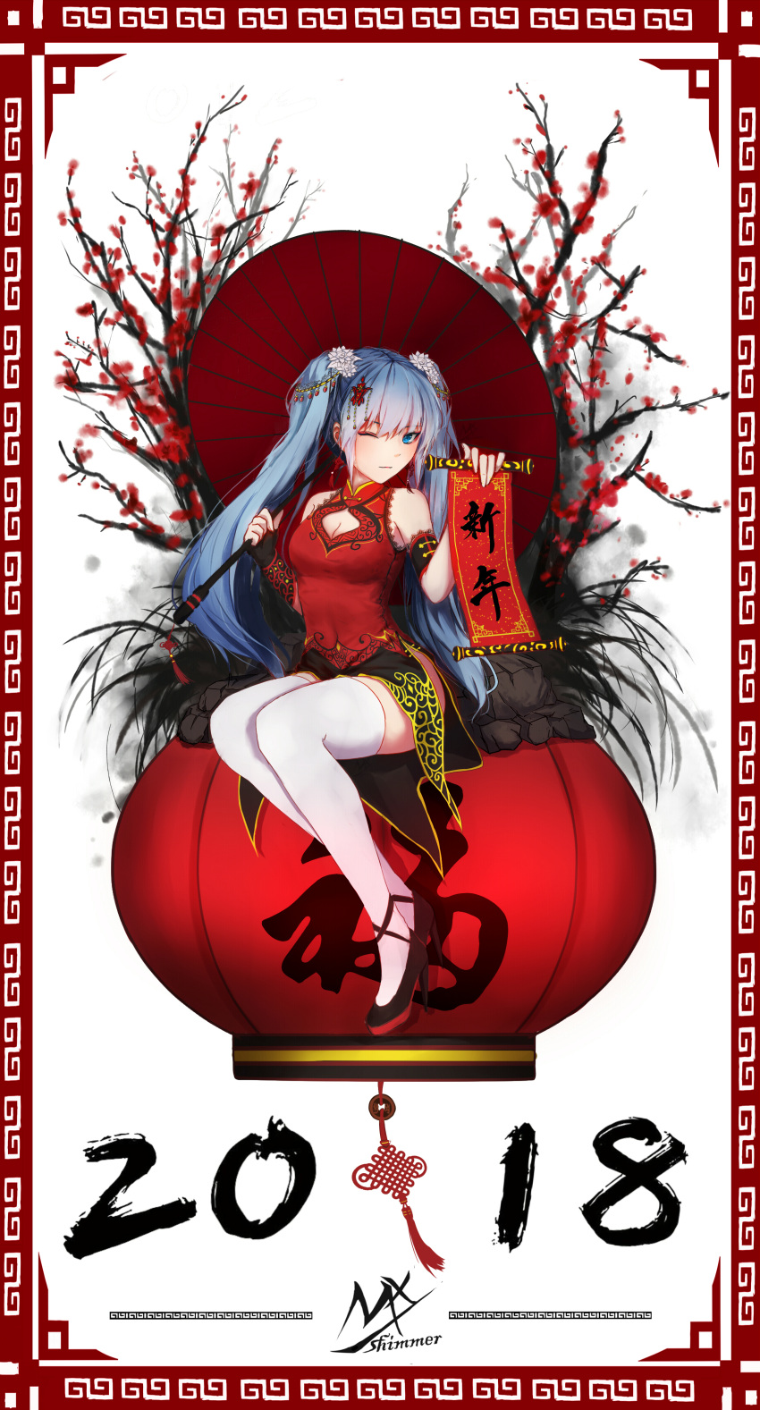 1girl 2018 ;) absurdres alternate_costume arm_strap artist_name bangs black_footwear blue_eyes blue_hair border breasts china_dress chinese_clothes cleavage cleavage_cutout dress earrings flower full_body hair_flower hair_ornament hairpin hatsune_miku high_heels highres holding holding_umbrella jewelry lace lace-trimmed_dress lampion long_hair looking_at_viewer medium_breasts one_eye_closed oriental_umbrella red_border red_dress rock scroll shimmer side_slit sitting sleeveless sleeveless_dress smile solo tassel thigh-highs translation_request tree_branch twintails umbrella very_long_hair vocaloid white_legwear zettai_ryouiki