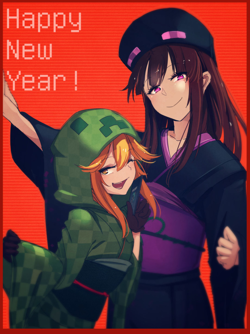 2girls ander_(at2.) at2. blush brown_hair commentary_request creeper cupa_(at2.) enderman english gloves happy_new_year hat highres japanese_clothes kimono long_hair looking_at_viewer minecraft multiple_girls new_year one_eye_closed open_mouth orange_eyes orange_hair personification short_hair simple_background smile violet_eyes