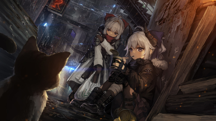 2girls against_wall ahoge animal bag bandage bandaged_leg bangs black_footwear black_gloves black_legwear blue_bow blue_scarf boots bow brown_jacket can canned_food cat cyberpunk demon_girl demon_horns eating eyebrows_visible_through_hair fingerless_gloves fur-trimmed_hood fur-trimmed_jacket fur_trim gloves hair_bow hand_on_own_arm highres holding holding_bag holding_spoon holster hood hood_down hooded_jacket horns jacket jakoujika long_sleeves looking_down multiple_girls on_ground original outdoors pantyhose plastic_bag ponytail red_bow red_scarf scarf sitting snow spoon_in_mouth stairs standing thigh_holster tiara torn_clothes torn_pantyhose town violet_eyes white_hair white_jacket