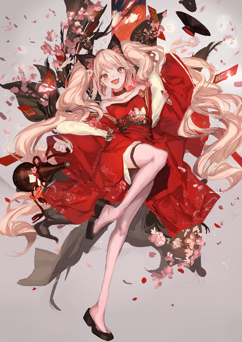 1girl :d animal_ears arm_up black_choker black_footwear blonde_hair blush cherry_blossoms choker commentary cup fang floral_print full_body gourd highres japanese_clothes kimono knee_up lm7_(op-center) long_hair long_sleeves looking_at_viewer no_shoes obi open_mouth original platform_footwear red_eyes red_kimono sakazuki sash smile solo standing standing_on_one_leg twintails very_long_hair wide_sleeves