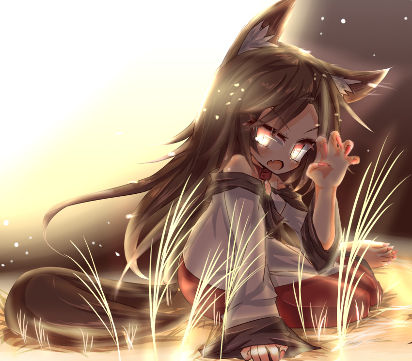 1girl animal_ears arm_support bangs barefoot brown_hair claw_pose eyebrows_visible_through_hair fang fingernails glowing glowing_eyes imaizumi_kagerou long_fingernails long_hair long_sleeves looking_at_viewer musao nail_polish on_ground open_mouth orange_eyes red_nails red_skirt sharp_fingernails shirt sitting skirt sleeves_past_wrists solo tail toenails touhou v-shaped_eyebrows very_long_hair white_shirt wide_sleeves wolf_ears wolf_girl wolf_tail yokozuwari