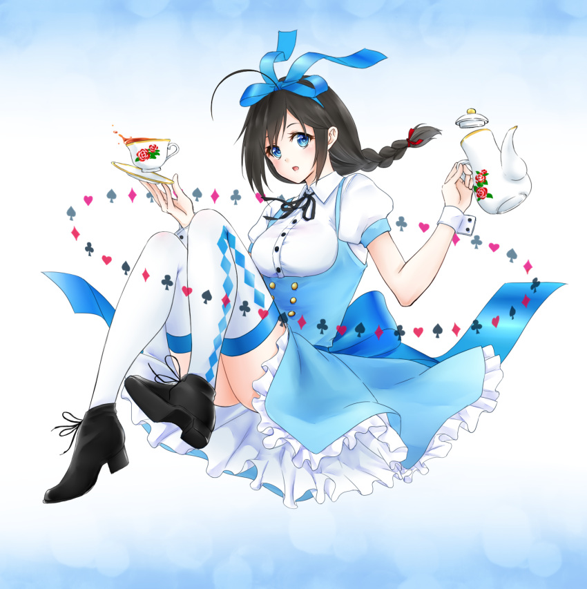 1girl :o ahoge alternate_costume ankle_boots aoyashio_rin argyle argyle_legwear ass black_footwear black_hair blue_eyes blue_hairband blue_ribbon blue_skirt blush boots braid breasts club_(shape) cup diamond_(shape) double-breasted drink floral_print frilled_skirt frills full_body gradient gradient_background hair_ribbon hairband heart high-waist_skirt highres holding kantai_collection long_hair looking_at_viewer medium_breasts open_mouth puffy_short_sleeves puffy_sleeves red_ribbon ribbon rose_print saucer shirt short_sleeves single_braid skirt solo spade_(shape) tea teacup teapot thigh-highs underbust white_background white_legwear white_shirt wrist_cuffs