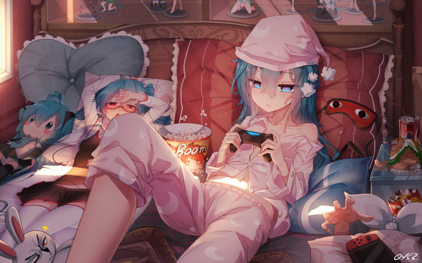 1girl aqua_hair bai_yemeng blue_eyes can character_doll chips dakimakura_(object) drinking_straw figure food frown game_console hat hatsune_miku highres kagamine_rin long_hair navel nintendo_switch off_shoulder one_eye_closed pajamas pillow playstation_4 popcorn potato_chips rabbit reclining soda_can solo_focus vocaloid