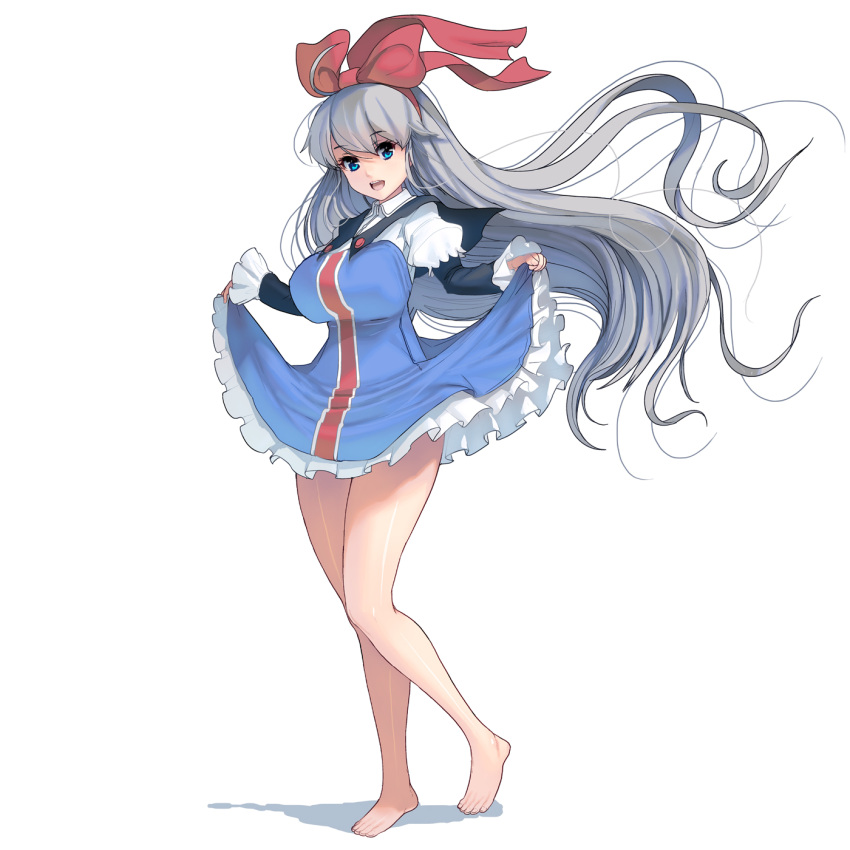 1girl :d bangs bare_legs barefoot blue_dress bow breasts dress eyebrows_visible_through_hair floating_hair frilled_dress frilled_sleeves frills full_body hair_between_eyes hair_bow highres large_breasts layered_sleeves long_hair long_sleeves looking_at_viewer masao open_mouth original puffy_short_sleeves puffy_sleeves red_bow shiny shiny_skin short_sleeves silver_hair simple_background skirt_hold smile solo standing straight_hair very_long_hair white_background wing_collar
