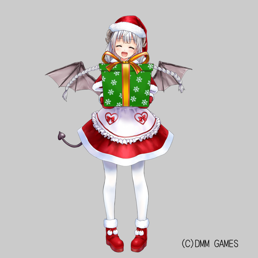 1girl :d ^_^ absurdres apron bangs black_wings blush boots box braid capelet center_frills character_request closed_eyes collared_shirt demon_horns demon_tail demon_wings eyebrows_visible_through_hair facing_viewer frilled_apron frills full_body fur-trimmed_boots fur-trimmed_capelet fur-trimmed_mittens fur_trim gift gift_box grey_background hat highres holding holding_gift horns long_hair low_twintails mittens official_art okiru open_mouth pantyhose pocket pom_pom_(clothes) rebless red_capelet red_footwear red_mittens red_skirt santa_boots santa_costume santa_hat shirt silver_hair simple_background skirt smile solo standing tail twin_braids twintails very_long_hair waist_apron white_apron white_legwear white_shirt wings