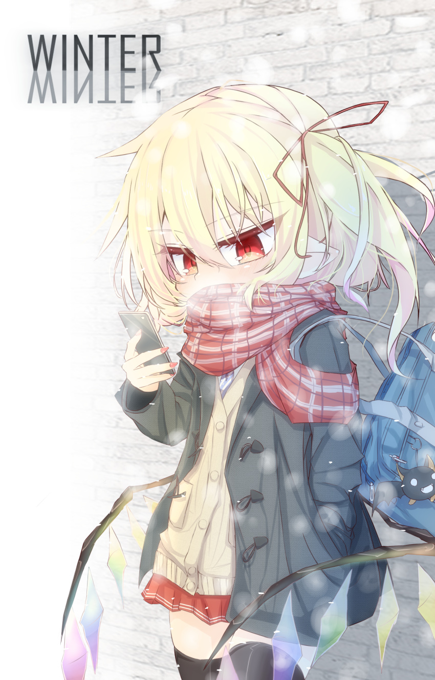 1girl absurdres bag bangs black_coat black_legwear blonde_hair blush bookbag breath cardigan cellphone coat covered_mouth crystal day diagonal_stripes eyebrows_visible_through_hair flandre_scarlet hair_between_eyes hair_ribbon highres holding holding_cellphone holding_phone long_hair musao nail_polish one_side_up open_clothes open_coat outdoors phone plaid plaid_scarf pleated_skirt pointy_ears red_eyes red_nails red_ribbon red_scarf red_skirt ribbon scarf school_bag skirt smartphone snowing solo striped_neckwear thigh-highs touhou wings