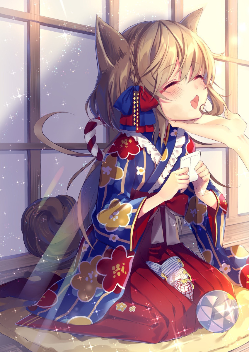 1girl :3 :d animal_ears bangs blue_kimono blush chano_hinano closed_eyes commentary_request dog_ears dog_girl dog_tail eyebrows_visible_through_hair floral_print hair_between_eyes hakama high_heels highres japanese_clothes kimono light_brown_hair long_hair long_sleeves open_mouth original print_kimono red_footwear red_hakama short_kimono sitting smile solo_focus sparkle sunlight tail very_long_hair wariza wide_sleeves