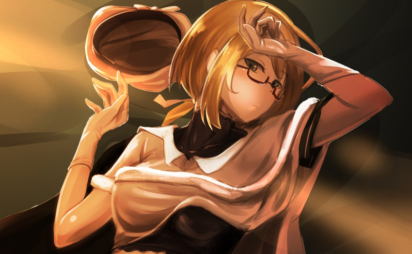 1girl black_shirt blonde_hair bow cloak collarbone crop_top dress facing_to_the_side fur-trimmed_cloak glasses gloves hand_to_forehead hat hat_bow hat_removed headwear_removed i-8_(kantai_collection) kantai_collection lace-trimmed_collar looking_at_viewer lying on_back shirt short_hair_with_long_locks sidelocks solo under-rim_eyewear upper_body vi3r6ein white_dress white_gloves