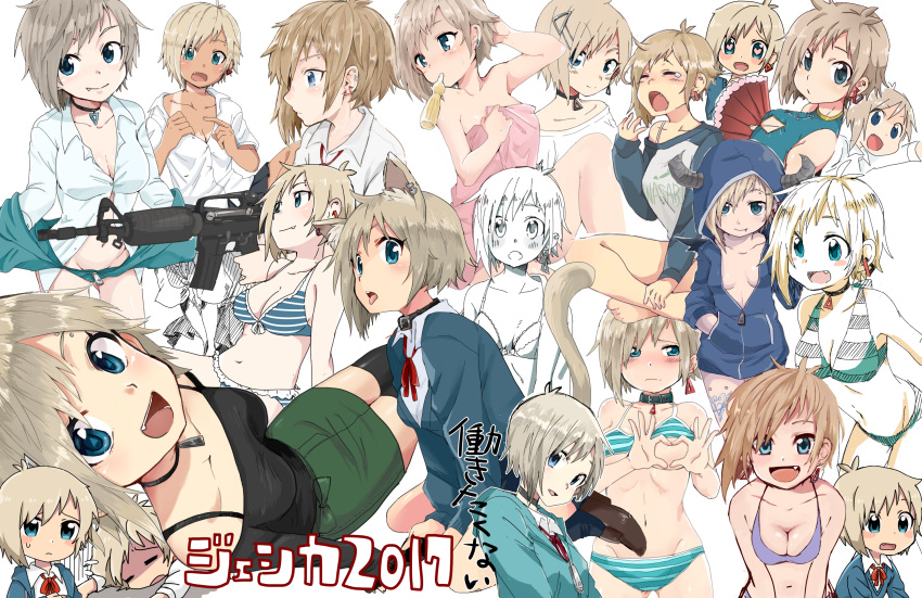 1girl :d :o animal_ears aqua_bikini aqua_jacket arm_at_side arm_support arm_up bangs bikini bikini_tan black_choker black_collar black_legwear black_shirt blue_eyes blue_jacket blush blush_stickers bow bow_bra bra breasts brown_hair choker_tan cleavage cleavage_cutout closed_eyes closed_mouth clothes_around_waist clothes_writing collage collared_shirt commentary_request convenient_censoring cowboy_shot ear_piercing eyebrow_piercing fan fang fox_ears frilled_bikini frills from_side frown green_skirt greyscale groin gun hair_ornament hair_over_one_eye hairclip hand_in_pocket heart heart-shaped_boob_challenge heart-shaped_pupils heart_hands highres holding holding_fan holding_gun holding_jacket holding_weapon hood hooded_jacket horizontal_stripes horned_hood impossible_clothes impossible_shirt jacket jacket_around_waist jessica_(roku_kyuu) jewelry leaning_forward light_brown_hair long_sleeves looking_at_viewer looking_to_the_side medium_breasts monochrome mouth_hold naked_towel navel neck_ribbon off-shoulder_shirt open_eyes open_mouth original paper_fan partially_unbuttoned pencil_skirt pendant piercing pink_towel pointing profile pulled_by_self purple_bikini raglan_sleeves ramune red_ribbon ribbon roku_kyuu shirt short_hair sideboob simple_background skirt sleeves_past_wrists small_breasts smile spaghetti_strap standing stomach striped striped_bikini sweatdrop swimsuit symbol-shaped_pupils t-shirt tan tanline tears thigh-highs tight_shirt tongue tongue_out towel underwear unzipped upper_body variations weapon weapon_request white_background white_shirt wing_collar zettai_ryouiki zipper