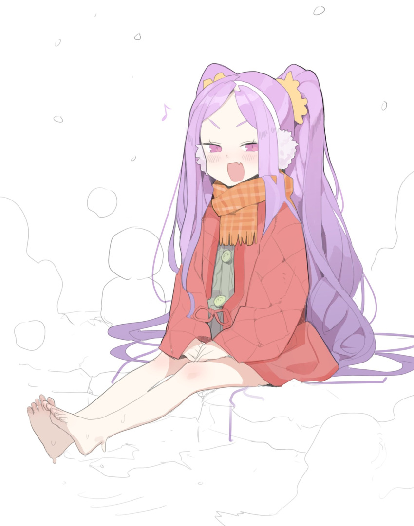 1girl :d alternate_costume bangs bare_legs barefoot blush checkered_scarf commentary_request doremi earmuffs fang fate/grand_order fate_(series) full_body hair_ornament hair_scrunchie highres japanese_clothes korean_commentary long_hair long_sleeves looking_at_viewer musical_note open_mouth orange_scarf own_hands_together parted_bangs pink_eyes purple_hair scarf scrunchie sitting smile solo toenails twintails very_long_hair wet wu_zetian_(fate/grand_order)