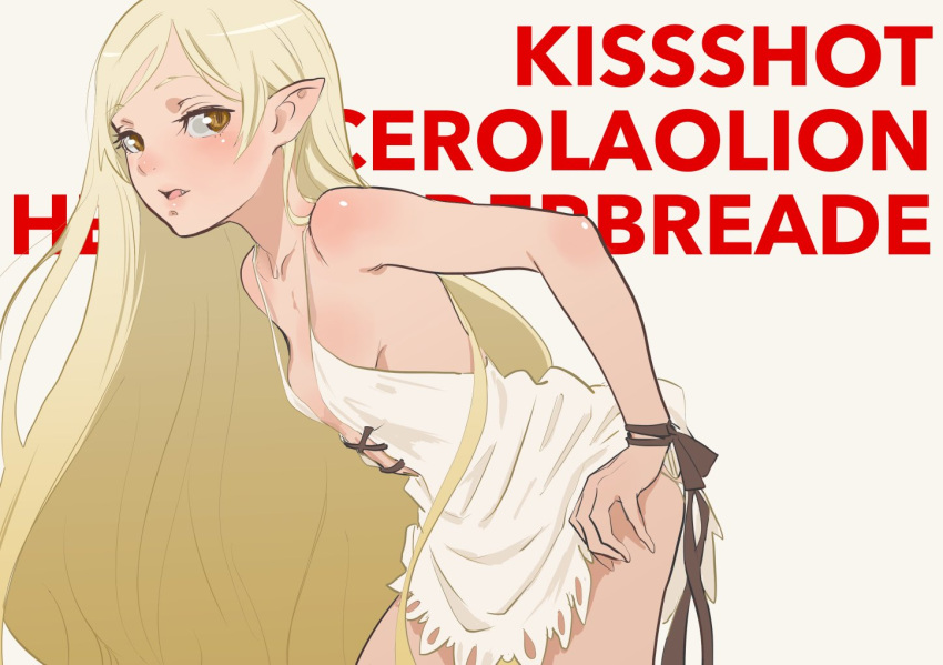 bare_shoulders blonde_hair blush dress fangs kiss-shot_acerola-orion_heart-under-blade kizumonogatari long_hair monogatari_(series) nekoi_mie pointy_ears strapless strapless_dress teenage very_long_hair yellow_eyes