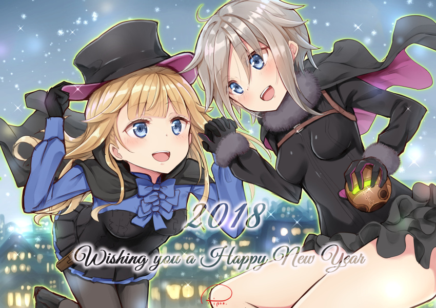 2018 2girls :d ahoge ange_(princess_principal) bangs black_cape black_dress black_footwear black_gloves black_hat black_legwear blonde_hair blue_bow blue_eyes blush boots bow breasts building cape commentary_request dress english eye_contact eyebrows_visible_through_hair fur-trimmed_sleeves fur_collar fur_trim gloves hair_flaps hand_holding hand_on_headwear happy_new_year hat highres holding house impossible_clothes impossible_dress interlocked_fingers light_brown_hair long_hair long_sleeves looking_at_another medium_breasts multiple_girls new_year open_mouth outdoors pantyhose piripun princess_(princess_principal) princess_principal short_hair_with_long_locks signature smile snowing top_hat upper_teeth very_long_hair
