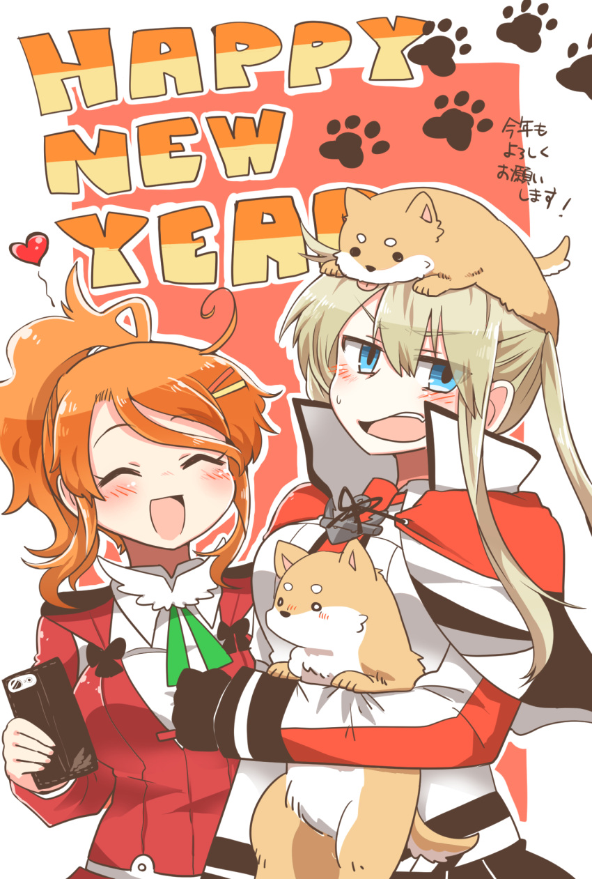 2girls ^_^ ^o^ animal aquila_(kantai_collection) black_gloves blonde_hair blue_eyes brown_eyes capelet cellphone closed_eyes commentary_request dog gloves graf_zeppelin_(kantai_collection) happy_new_year heart highres holding holding_phone jacket juliet_sleeves kantai_collection long_hair long_sleeves military military_uniform multiple_girls new_year open_mouth orange_hair paw_print phone puffy_sleeves rebecca_(keinelove) red_jacket short_hair short_ponytail sidelocks smartphone smile translated twintails uniform