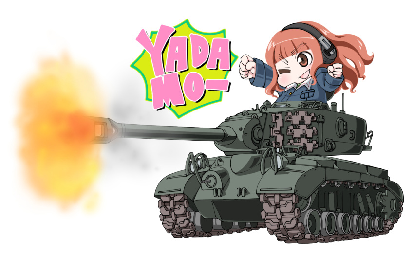 1girl chibi girls_und_panzer ground_vehicle headphones highres long_hair m26_pershing military military_vehicle motor_vehicle one_eye_closed ooarai_military_uniform orange_eyes orange_hair smile takebe_saori tank white_background yunaka_(259808)