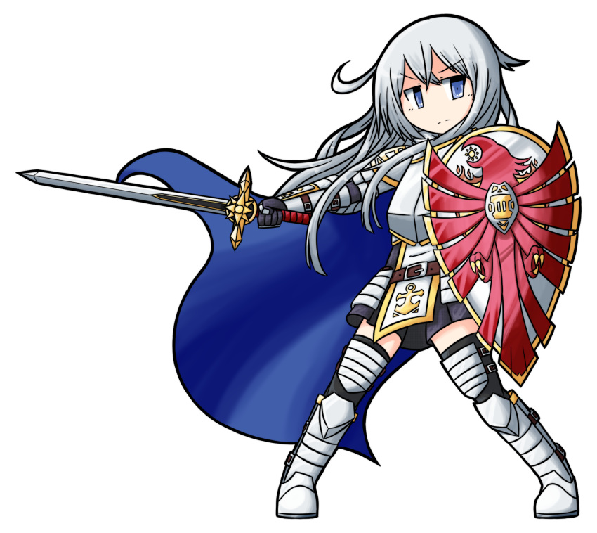 1girl armor armored_boots armored_dress artist_name bangs blue_cape blue_eyes boots cape closed_mouth dungeons_and_dragons emblem eyebrows_visible_through_hair full_body gauntlets gloves hair_between_eyes hibiki_(kantai_collection) highres holding holding_shield holding_sword holding_weapon kantai_collection knight long_hair looking_at_viewer outstretched_arm paladin raythalosm shield silver_hair simple_background solo standing sword thigh-highs v-shaped_eyebrows weapon white_background