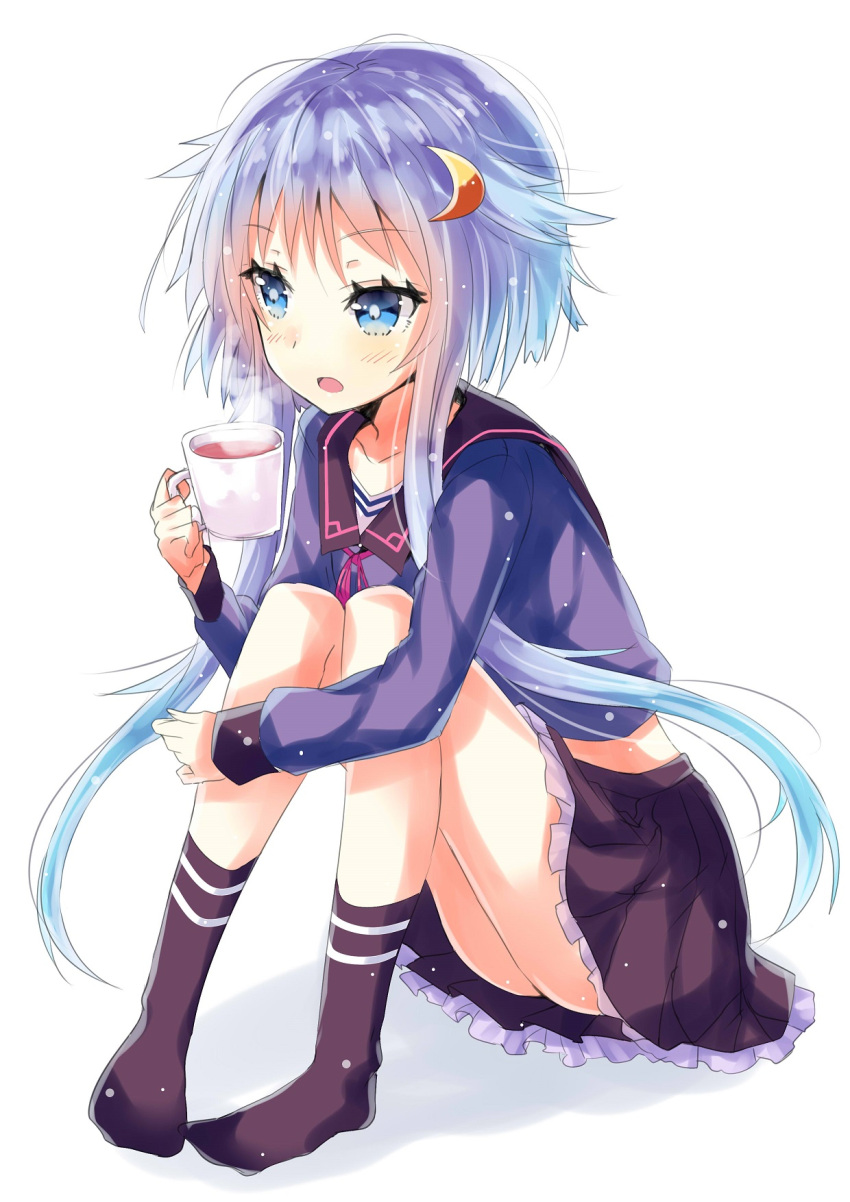 1girl bangs black_legwear black_skirt blue_eyes blue_hair blue_shirt blush commentary_request crescent crescent_hair_ornament cup eyebrows_visible_through_hair gradient_hair hair_ornament highres hizaka holding holding_mug kantai_collection leg_hug looking_away mug multicolored_hair no_shoes open_mouth pink_ribbon pleated_skirt purple_hair ribbon school_uniform serafuku shirt short_hair_with_long_locks simple_background sitting skirt socks solo white_background yayoi_(kantai_collection)