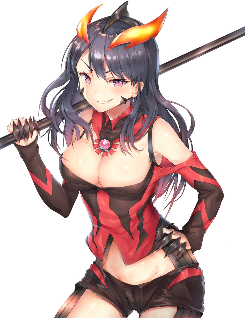 1girl absurdres bangs bare_shoulders black_hair black_shirt black_shorts breasts claw_(weapon) cleavage cowboy_shot detached_collar earrings evil_grin evil_smile eyebrows_visible_through_hair fang gem genderswap genderswap_(mtf) grin groin hair_between_eyes hand_on_hip headgear highres holding holding_staff holding_weapon jewelry large_breasts long_hair long_sleeves looking_at_viewer off-shoulder_shirt over_shoulder personification pink_eyes red_shirt shiny shiny_hair shiny_skin shirt short_shorts shorts simple_background slit_pupils smile smirk solo staff standing taro_(ultrataro) ultra_series ultraman_belial ultraman_geed_(series) v-shaped_eyebrows weapon weapon_over_shoulder white_background