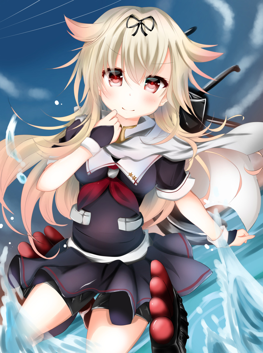 absurdres black_gloves black_skirt blonde_hair blush breasts closed_mouth eyebrows_visible_through_hair fingerless_gloves gloves highres kantai_collection kuromiko_shoujo long_hair looking_at_viewer medium_breasts neckerchief red_eyes red_neckwear short_sleeves skirt smile yuudachi_(kantai_collection)