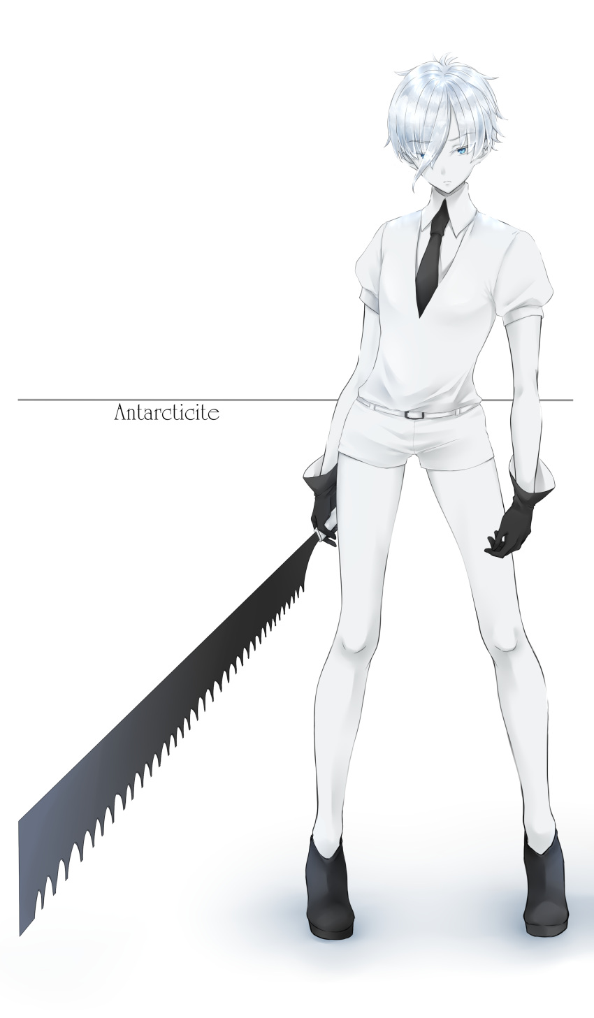 absurdres androgynous ankle_boots antarcticite aoyashio_rin belt belt_buckle black_footwear black_gloves black_neckwear blue_eyes boots buckle character_name closed_mouth expressionless eyebrows_visible_through_hair eyes_visible_through_hair full_body gem_uniform_(houseki_no_kuni) gloves hair_over_one_eye highres holding holding_sword holding_weapon houseki_no_kuni legs_apart looking_at_viewer puffy_short_sleeves puffy_sleeves shiny shiny_hair shirt short_hair short_shorts short_sleeves shorts silver_hair standing sword weapon white_background white_shirt white_shorts white_skin