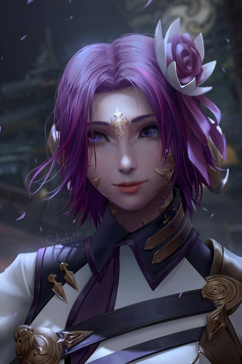 1girl artist_name character_request chuby_mi closed_mouth commentary final_fantasy final_fantasy_xiv flower forehead hair_flower hair_ornament hair_ribbon highres lips long_hair multicolored_hair no_bangs nose pink_lips purple_hair purple_ribbon ribbon short_hair smile solo streaked_hair upper_body violet_eyes
