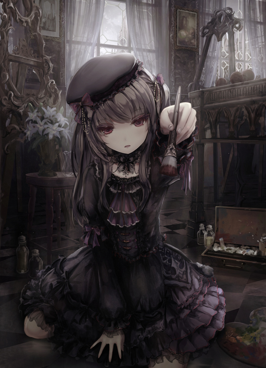 1girl arm_support ascot bangs beret between_legs black_bow black_dress black_hat bottle bow church commentary_request curtains dress easel eyebrows_visible_through_hair fingernails flower frilled_hat frills glass_bottle gothic_lolita grey_hair hand_between_legs hat hat_bow head_tilt highres holding holding_paintbrush indoors juliet_sleeves lolita_fashion long_hair long_sleeves looking_at_viewer missile228 original outstretched_arm paint_tube paintbrush painting_(object) palette parted_lips plant potted_plant puffy_sleeves purple_neckwear red_bow red_eyes sitting solo stool table tower very_long_hair wariza white_flower window