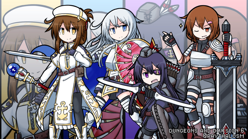 4girls ;) akatsuki_(kantai_collection) archery armor armored_boots armored_dress arrow artist_name bangs belt belt_buckle black_gloves blade blue_eyes boots bow_(weapon) breastplate broadsword brown_belt brown_footwear brown_hair buckle cape character_name closed_mouth commentary_request cross-laced_footwear dungeons_and_dragons emblem eyebrows_visible_through_hair eyepatch fingerless_gloves folded_ponytail fur-trimmed_boots fur_trim gauntlets gem gloves grey_footwear grey_hat grey_legwear hair_between_eyes hair_ornament hairclip hat hat_feather hibiki_(kantai_collection) highres holding holding_bow_(weapon) holding_shield holding_staff holding_sword holding_weapon ikazuchi_(kantai_collection) inazuma_(kantai_collection) kantai_collection knight lace-up_boots long_hair looking_at_viewer mini_hat multiple_girls one_eye_closed one_knee open_mouth paladin pantyhose parted_lips purple_hair quiver raythalosm robe shield short_hair shoulder_armor silver_hair skirt smile sparkle staff sword thigh-highs thigh_boots twitter_username v-shaped_eyebrows very_long_hair violet_eyes wavy_mouth weapon yellow_eyes