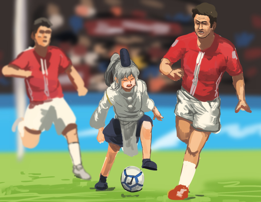 3boys ball brown_hair chanta_(ayatakaoisii) closed_eyes commentary hat highres japanese_clothes kariginu long_hair male_focus mononobe_no_futo multiple_boys open_mouth perspective playing_sports pom_pom_(clothes) ponytail short_hair silver_hair skirt soccer soccer_ball soccer_field soccer_uniform socks sport sportswear tate_eboshi touhou
