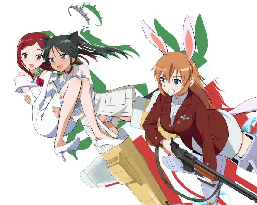 3girls :d animal_ears aqua_eyes bare_shoulders blue_eyes brown_hair carrying charlotte_e_yeager crown detached_sleeves dress elbow_gloves fang flower formal francesca_lucchini gloves green_hair grin gun high_heels highres kaneko_(novram58) maria_pier_di_romagna multiple_girls open_mouth panties princess_carry redhead smile strike_witches striker_unit striped striped_panties teeth twintails underwear violet_eyes weapon white_dress world_witches_series