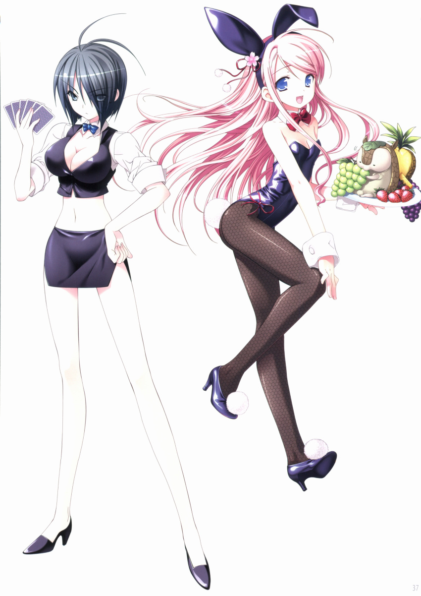 2girls absurdres animal animal_ears bangs bare_shoulders black_eyes black_hair breasts bunny_tail bunnysuit card cleavage collarbone detached_collar eyebrows_visible_through_hair fishnet_pantyhose fishnets food fruit full_body grapes hair_over_one_eye hand_on_hip high_heels highres holding kasukabe_akira kirishima_sakura leotard midriff miniskirt multiple_girls navel official_art page_number pantyhose pineapple pom_pom_(clothes) rabbit_ears sakura_nanako sakura_sakura scan short_hair simple_background skirt sleeves_rolled_up small_breasts standing strapless strapless_leotard strawberry tail tray white_background wrist_cuffs