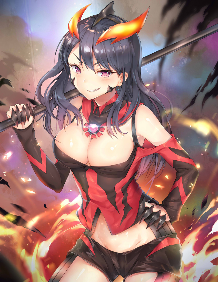 1girl absurdres bangs bare_shoulders black_hair black_shirt black_shorts blurry breasts claw_(weapon) cleavage commentary_request cowboy_shot debris depth_of_field detached_collar dust_cloud earrings evil_grin evil_smile eyebrows_visible_through_hair fang fire gem genderswap genderswap_(mtf) glint grin groin hair_between_eyes hand_on_hip headgear highres holding holding_staff holding_weapon jewelry large_breasts long_hair long_sleeves looking_at_viewer motion_blur off-shoulder_shirt over_shoulder personification pink_eyes red_shirt shiny shiny_hair shiny_skin shirt short_shorts shorts slit_pupils smile smirk solo sparks staff standing taro_(ultrataro) ultra_series ultraman_belial ultraman_geed_(series) v-shaped_eyebrows weapon weapon_over_shoulder