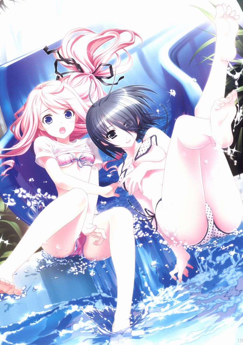 2girls :o absurdres ass bangs barefoot bikini black_eyes black_hair blue_eyes blush eyebrows_visible_through_hair hair_over_one_eye highres kasukabe_akira kirishima_sakura legs long_hair multiple_girls official_art open_mouth pink_hair sakura_nanako sakura_sakura scan short_hair side-tie_bikini swimsuit wardrobe_malfunction water water_slide